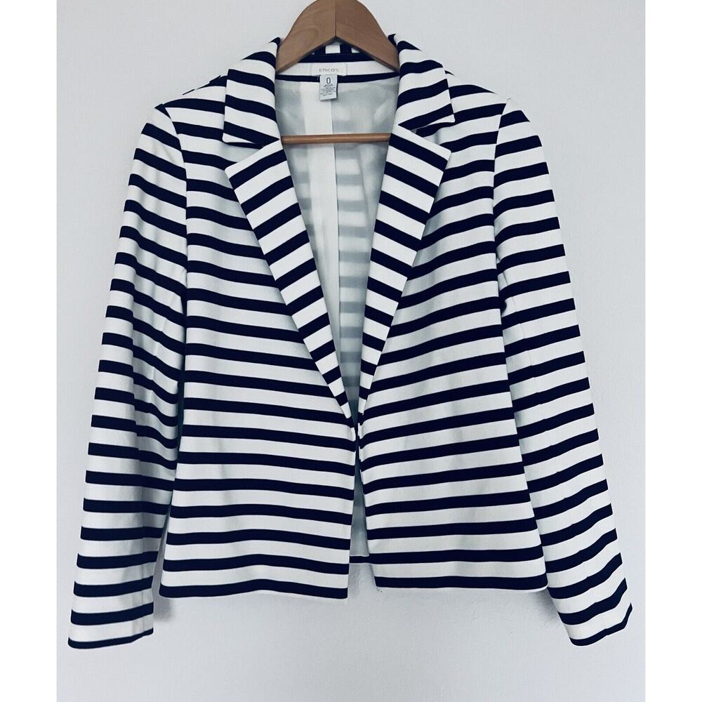 CHICO’S Knit Blazer Jacket Sz Small Nautical Blue White Stripes Cropped
